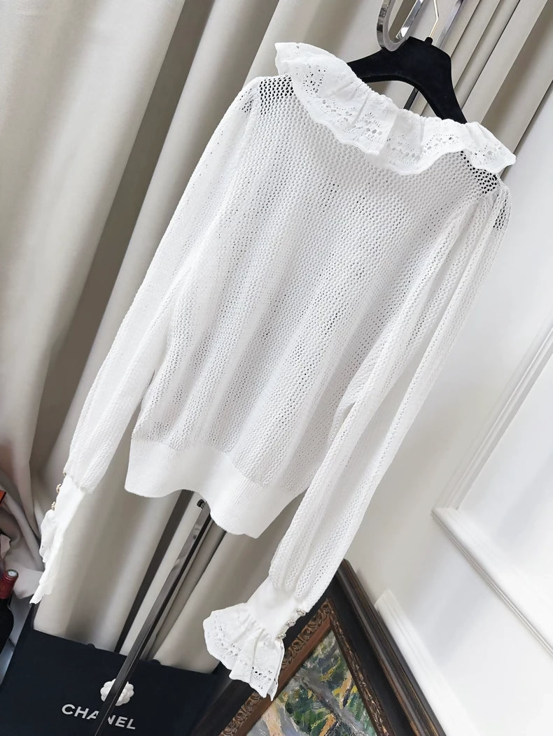 Chanel 25p white ruffle top