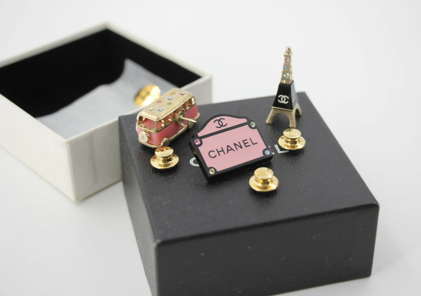 Chanel 06C Metal Pink Bus Eiffel Tower and Pink Bag Trio Brooch Set