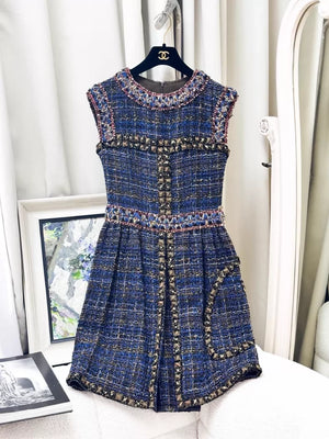 Chanel 11A Byzantine Collection deep blue jewel-embellished gold-threaded tweed dress