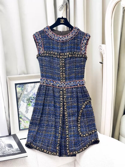 Chanel 11A Byzantine Collection deep blue jewel-embellished gold-threaded tweed dress