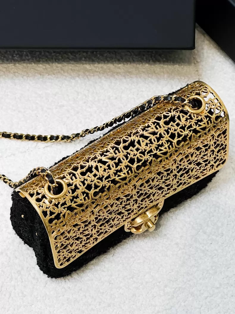 Chanel 22K black and gold metallic tweed CF chain evening bag