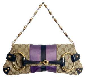 Gucci Large 1955 Tom Ford Classic Purple Black GG Monogram Horsebit Clutch Handbag Gold hardware