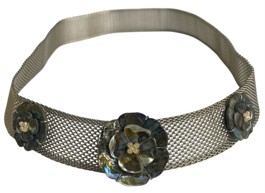 Chanel 98A Mother Of Pearl MOP 3 Camellia Silver Plated Metal Chain Belt