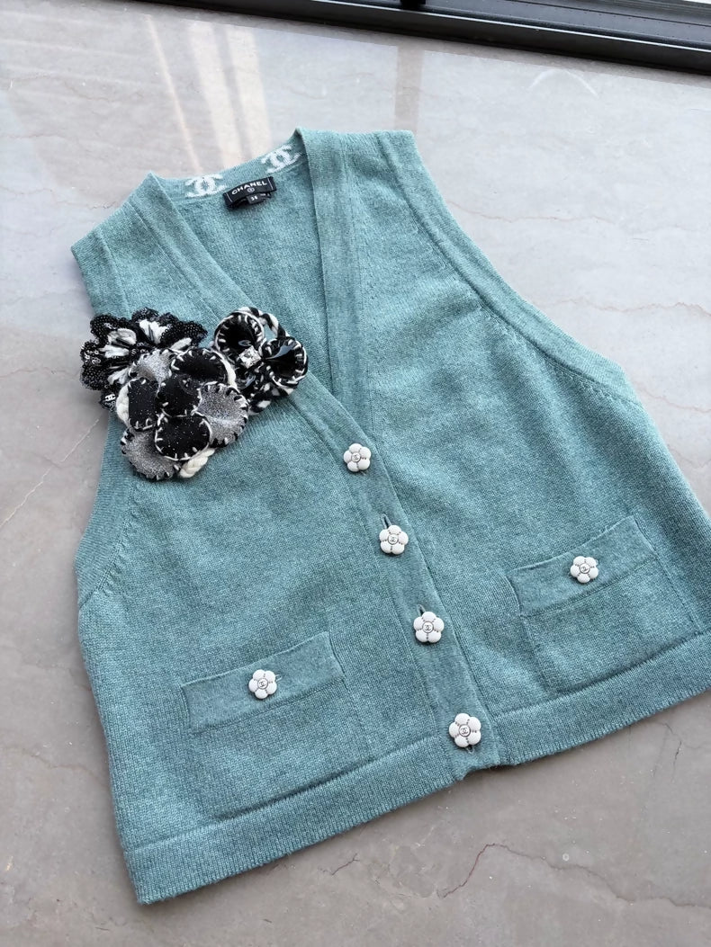 Chanel 23k Blue Cashmere Camellia Vest