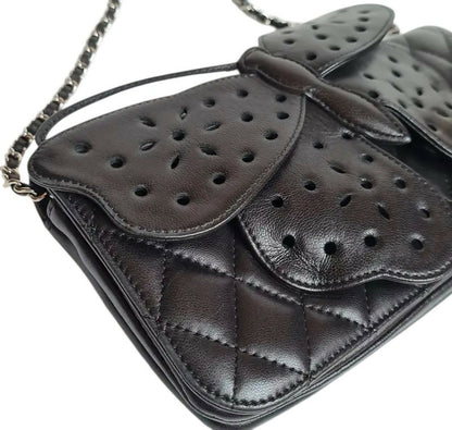 Rare Chanel 2011 Lambskin Black Butterfly Ornament Clutch Crossbody Flap Bag