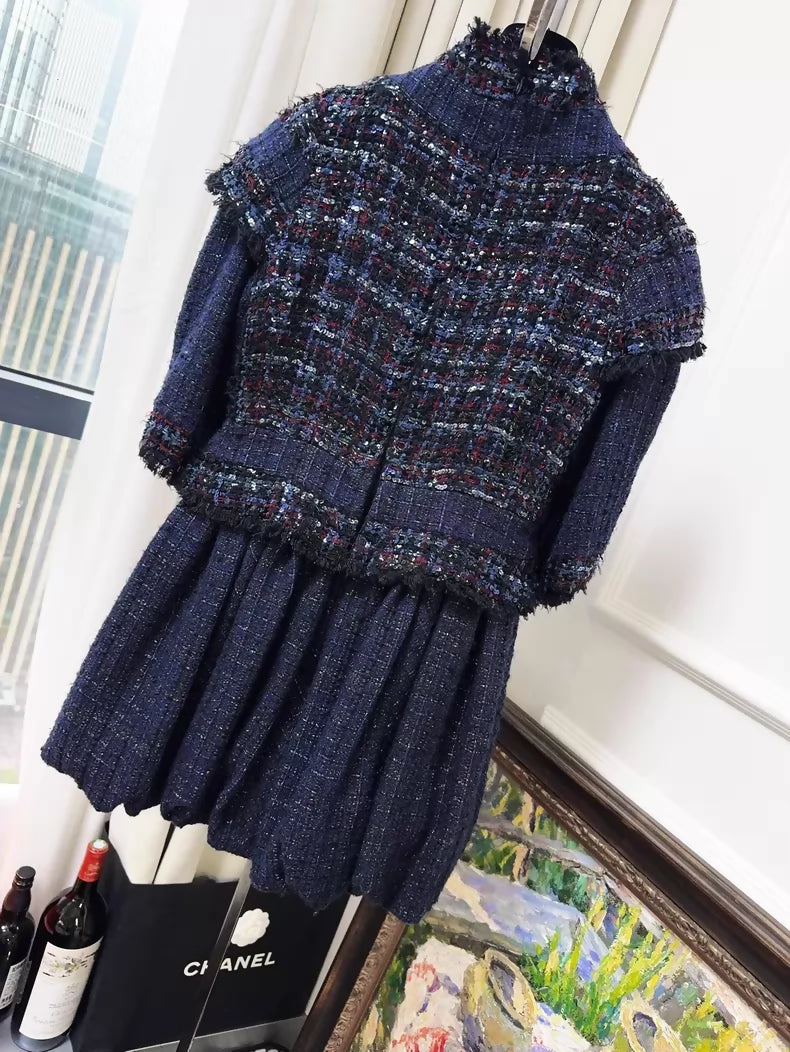 Chanel 2013 Deep Blue Pleated Sequin Tweed Dress