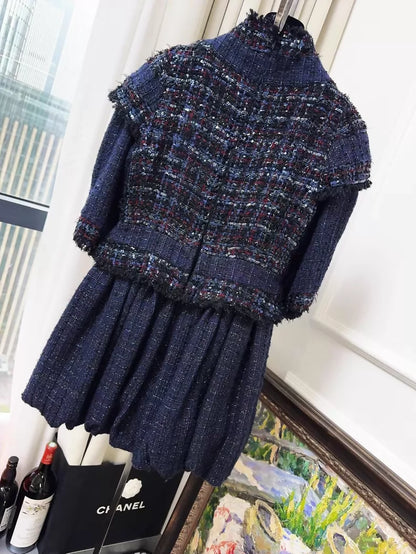 Chanel 2013 Deep Blue Pleated Sequin Tweed Dress