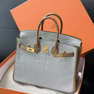 Hermès Birkin 25 Gris Perle & Kraft Matte Alligator & Calfskin with Brushed Gold Hardware