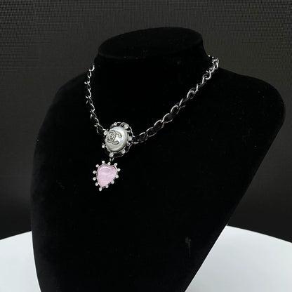 Chanel 21A pink heart leather chain rhinestone necklace