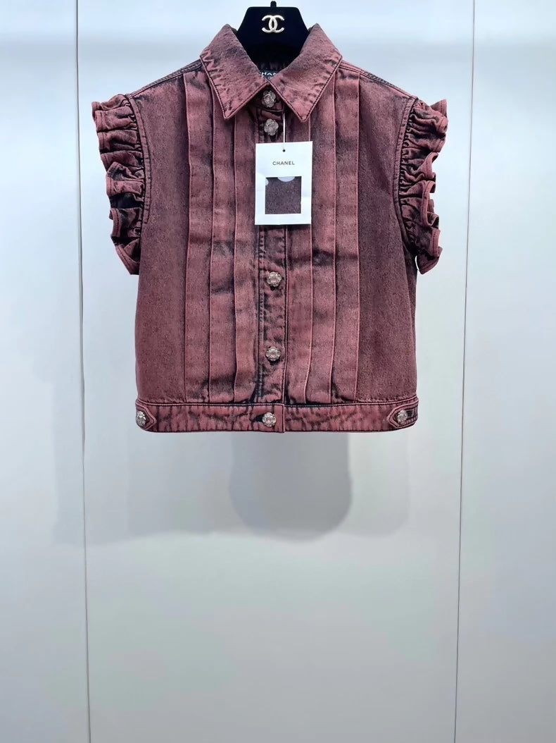 Chanel 24A lace-sleeved denim vest