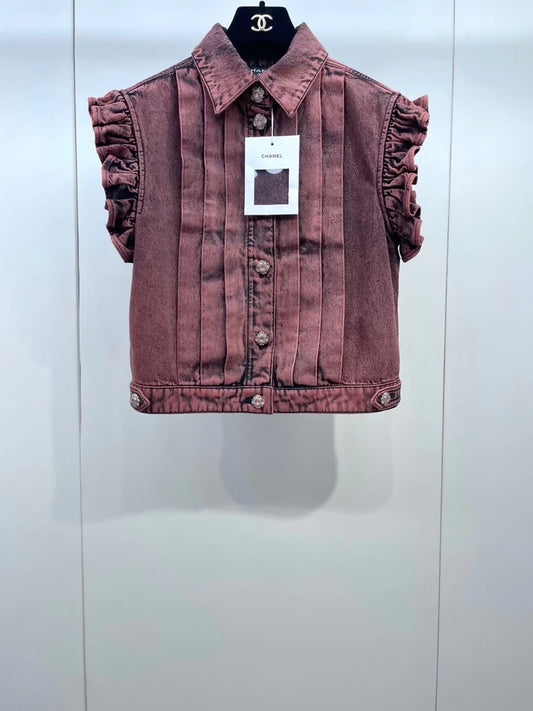 Chanel 24A lace-sleeved denim vest