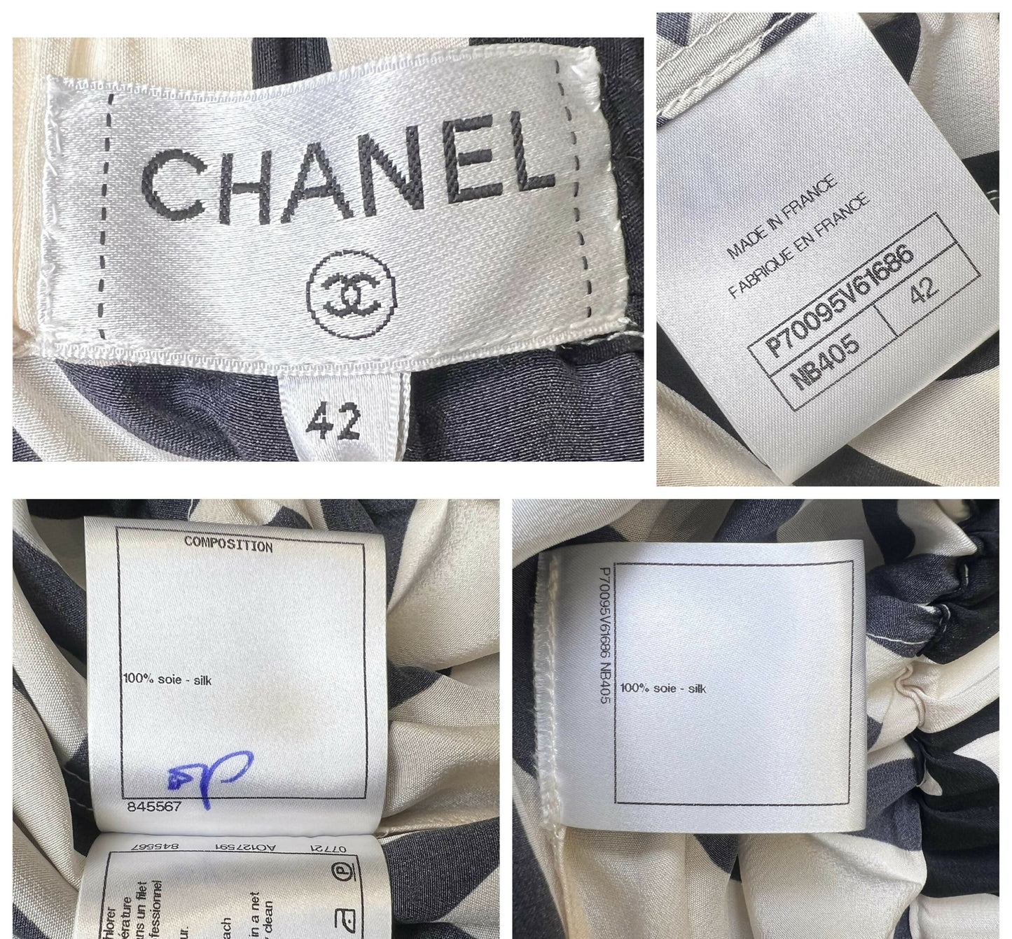 Iconic Chanel 21P CC Wave Black Ecru Silk Wide Leg Pants FR 42