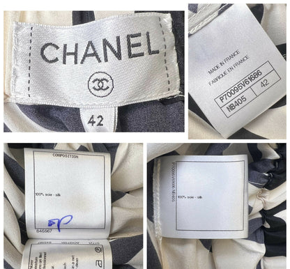 Iconic Chanel 21P CC Wave Black Ecru Silk Wide Leg Pants FR 42