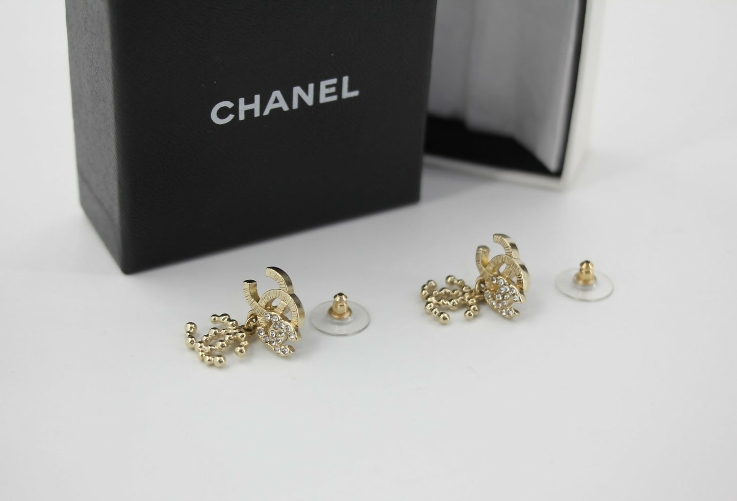 Chanel Vintage 10A Rhinestone Metal Triple CC Stud Earrings