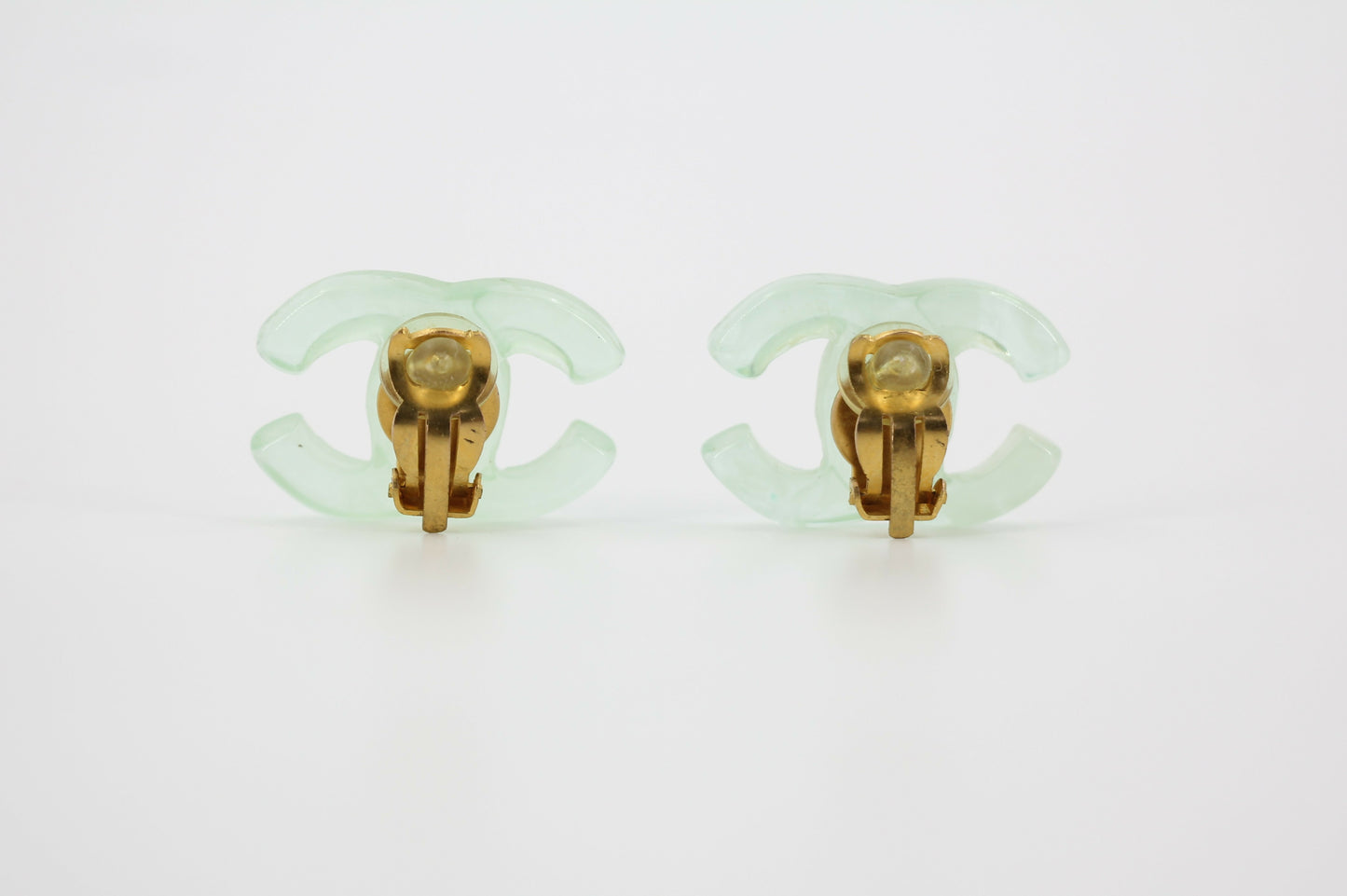 Chanel Vintage 01P Resin Transparent Green Large CC Clip-on Earrings