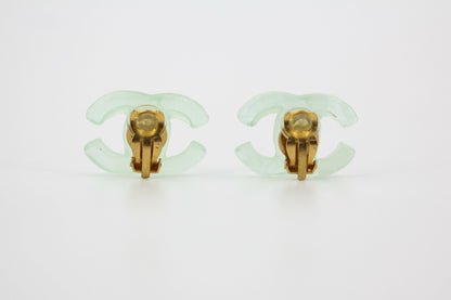 Chanel Vintage 01P Resin Transparent Green Large CC Clip-on Earrings