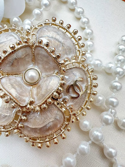 CHANEL 23K pink enamel flower pearl brooch