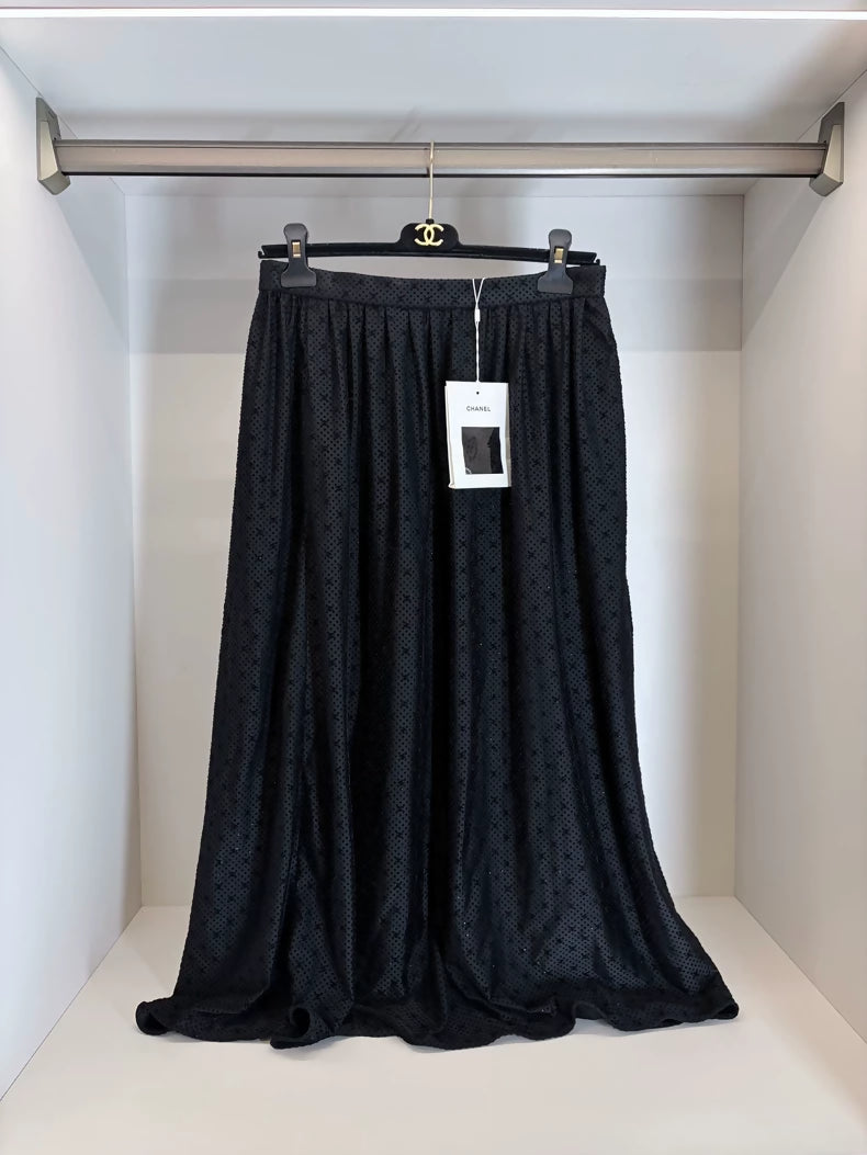 Chanel 24B Black Velvet Polka Dot Double C Pleated Skirt