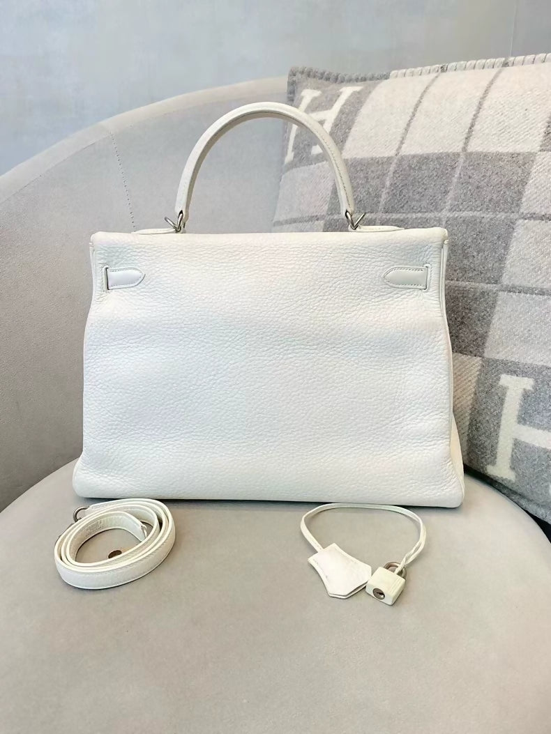 Hermes Kelly 35 01 pure white togo leather brushed palladium hardware