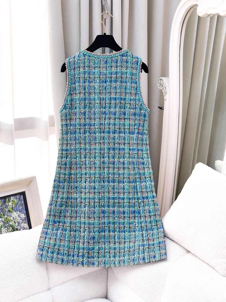 Chanel 25A blue sequined tweed dress