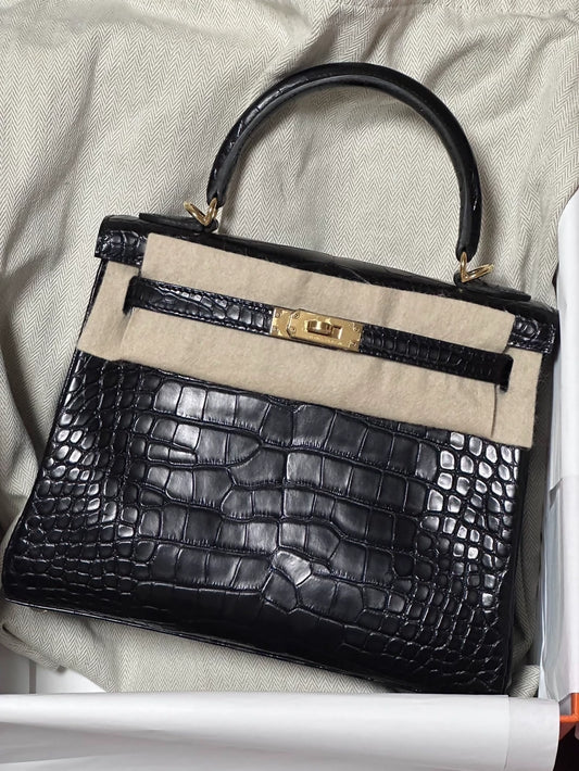 Hermes Kelly 25 Black Gold Matte Crocodile leather gold hardware