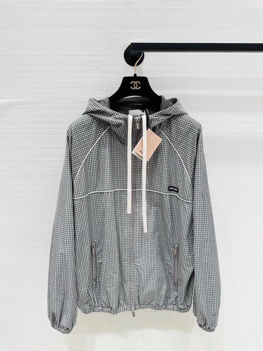 Miu Miu red and green plaid woven zip-up hooded jacket