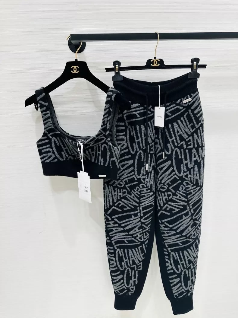 Chanel coco neige cashmere top and pants set with all-over CC