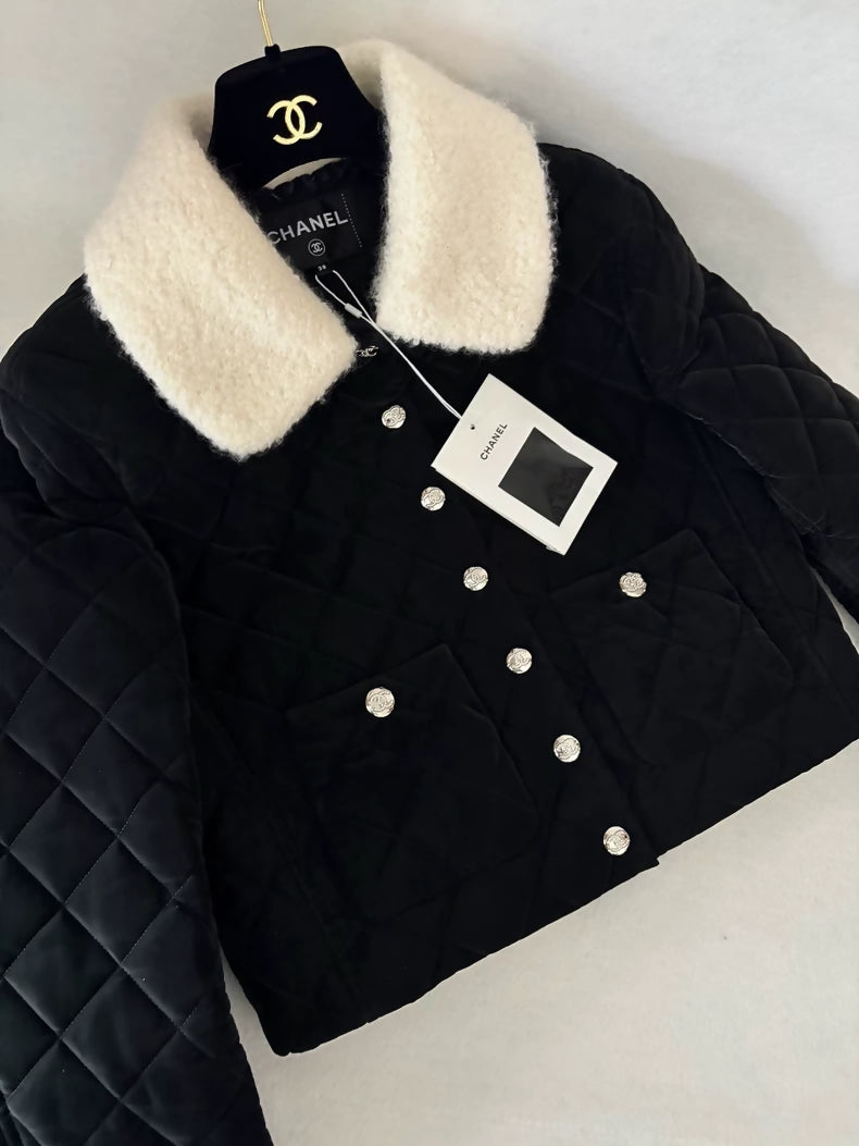 Chanel 24N Black Velvet Diamond Quilted Lamb wool Collar