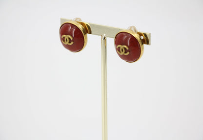 Chanel Vintage 98P Imitation Beeswax Red & Gold-Tone CC Clip-On Earrings