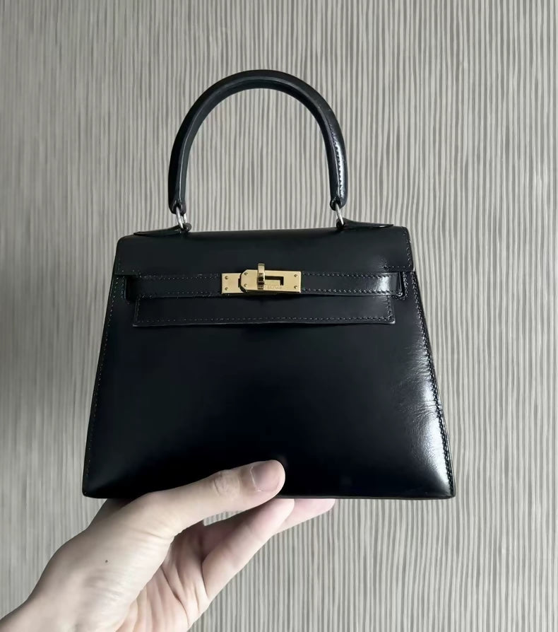 Rare Vintage Hermes mini Kelly bag in black Box leather Gold hardware