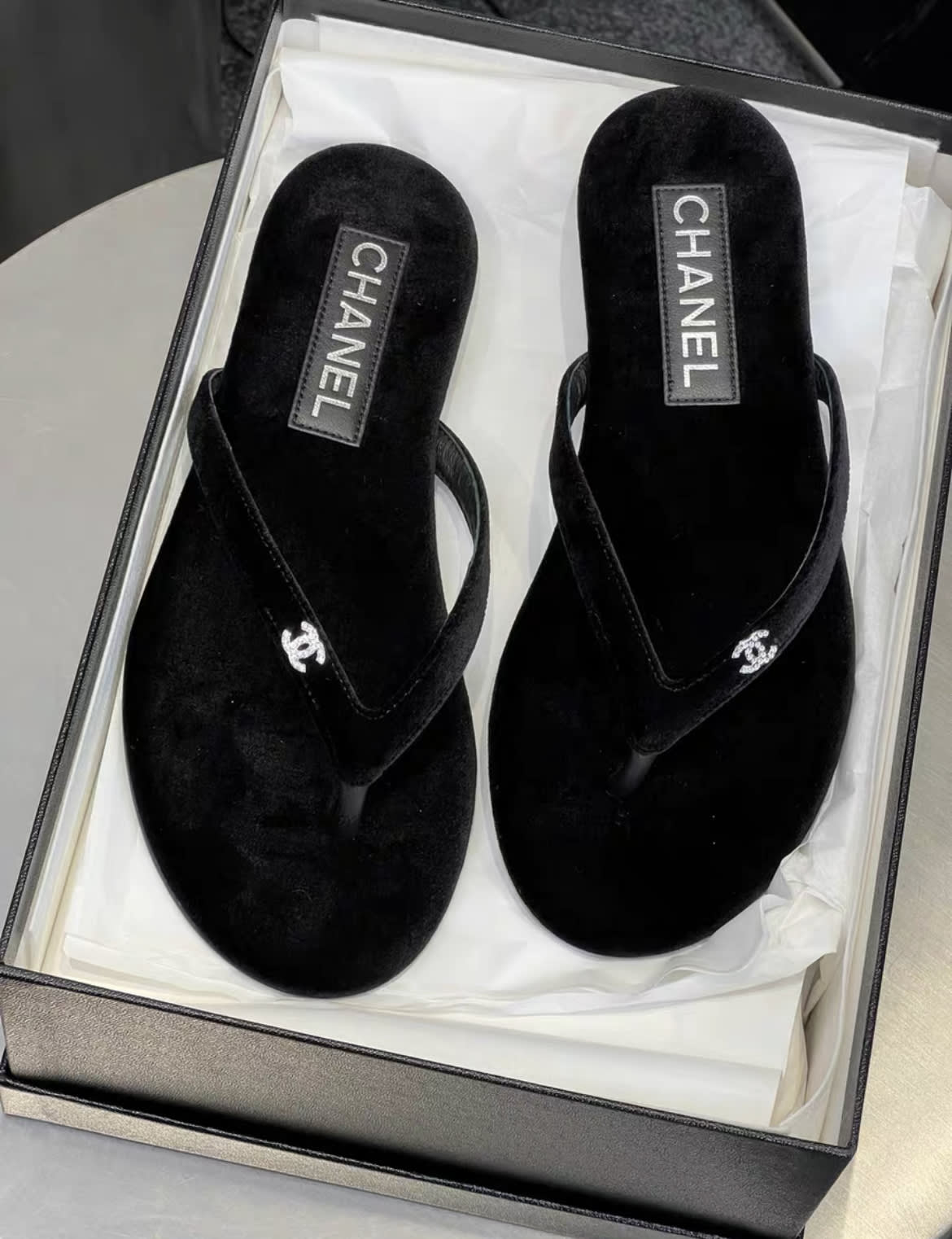 CHANEL Chanel 24S black velvet diamond CC slippers - 36,5 and please send message for other sizes availability Flats - Vintage fashion from Wararni