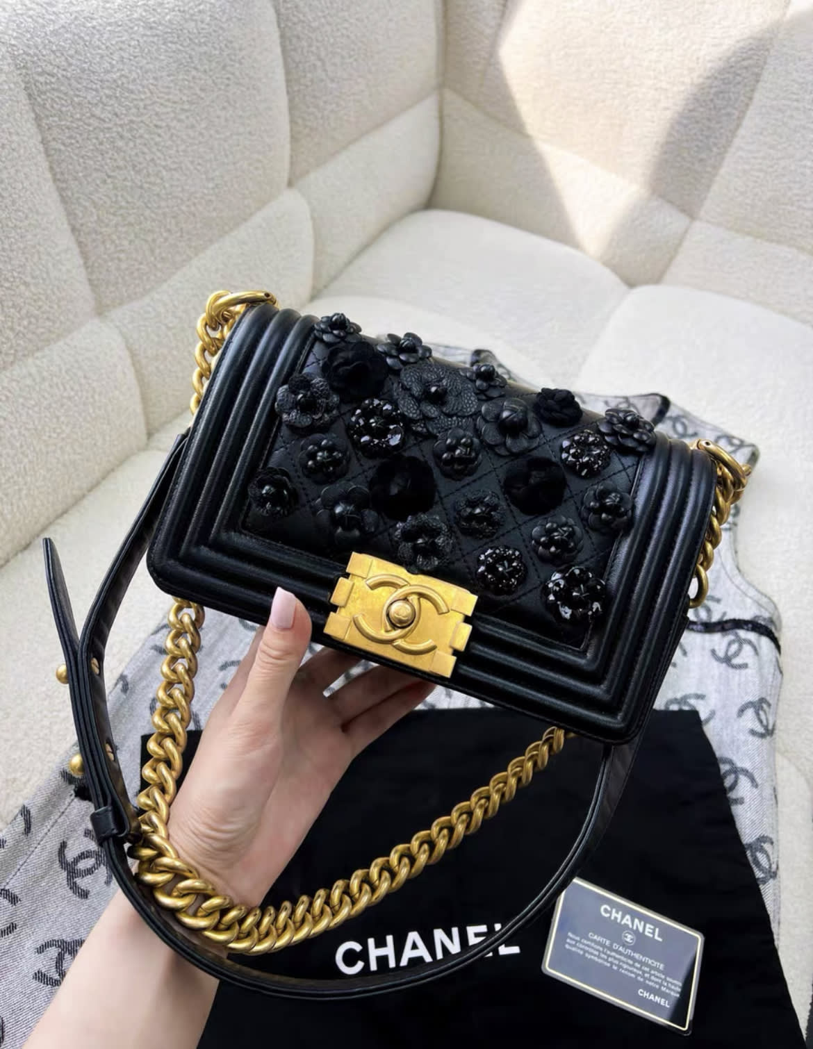 Rare Chanel limited edition leboy camellia flower black leather chain bag