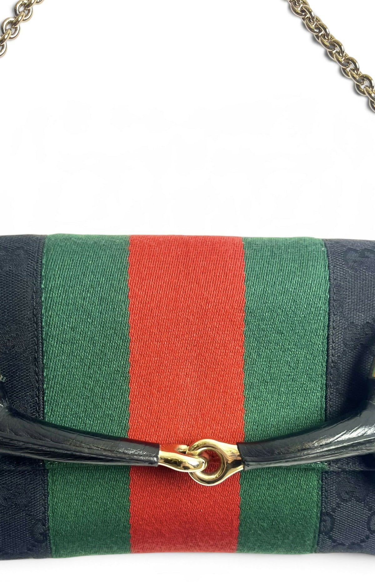Gucci Large 1955 Tom Ford Classic Black Red Green GG Monogram Horsebit Clutch Handbag Gold hardware