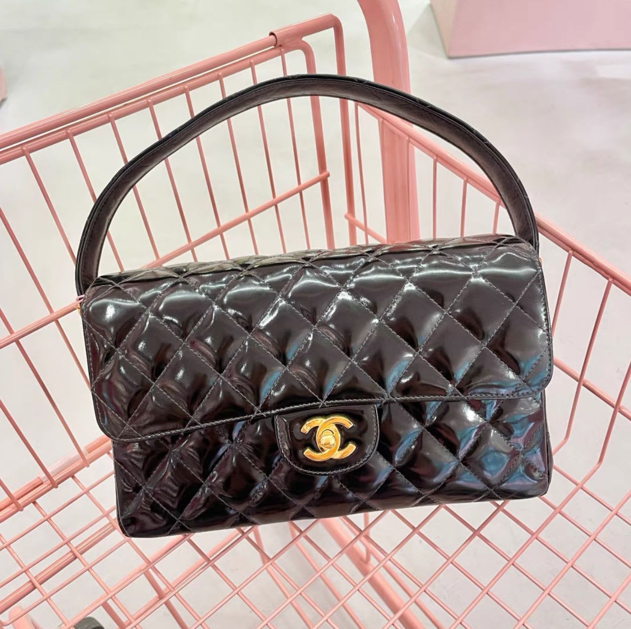 Chanel 1996 Medium Black Top Handle Kelly Medium Flap Bag - Patent Chanel 1996 Medium Black Top Handle Kelly Medium Flap Bag - Patent