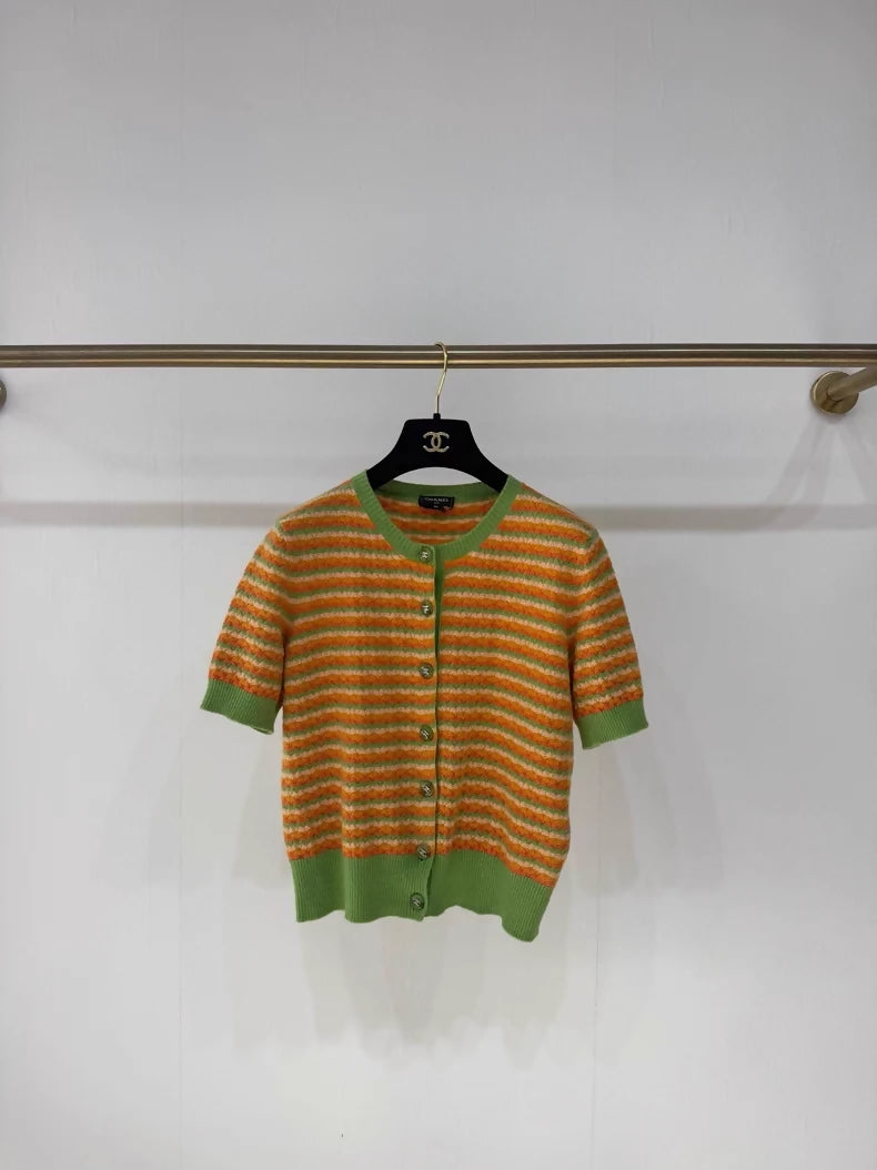 Chanel 24A Orange/Green Cashmere Short-Sleeve Cardigan
