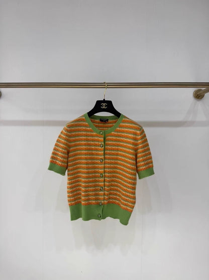Chanel 24A Orange/Green Cashmere Short-Sleeve Cardigan