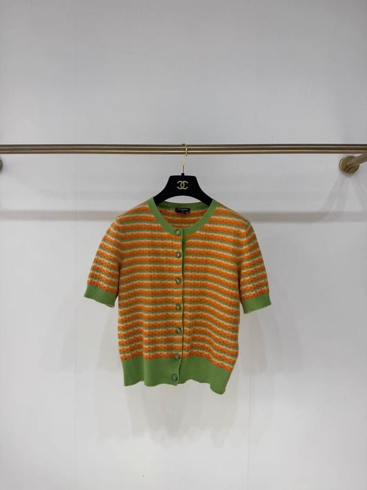 Chanel 24A Orange/Green Cashmere Short-Sleeve Cardigan