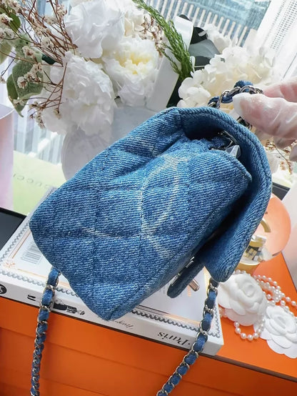 Chanel 20B denim CC logo print square bag with chain strap