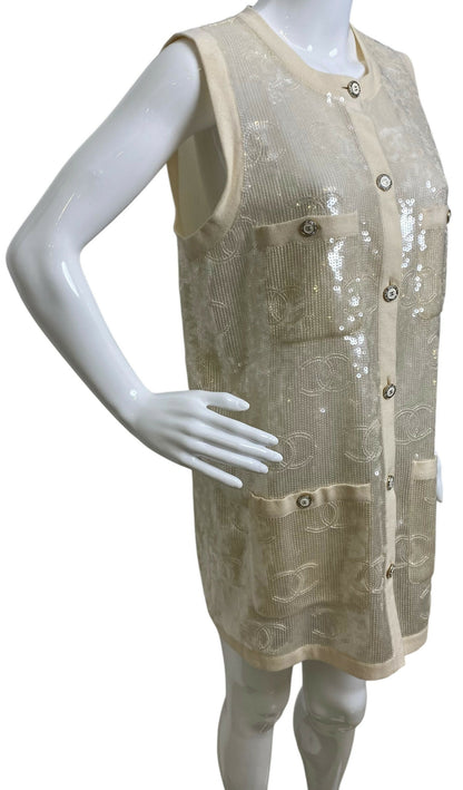 Rare Chanel 22S CC Sequin Cream Iridescent Vest Mini Dress Waistcoat Cardigan FR 40