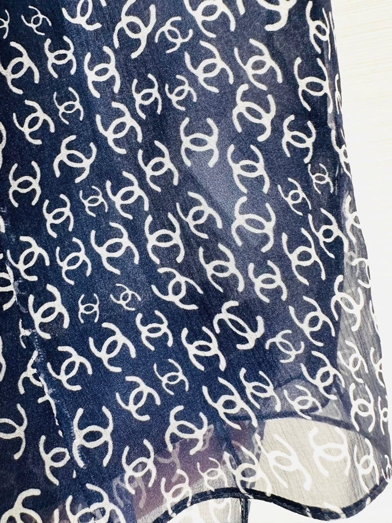 Chanel 25P blue silk top with all-over double C print