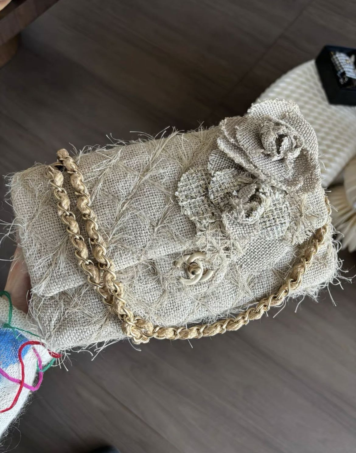 Chanel Camellia Linen Matelasse Chain Flap Bag