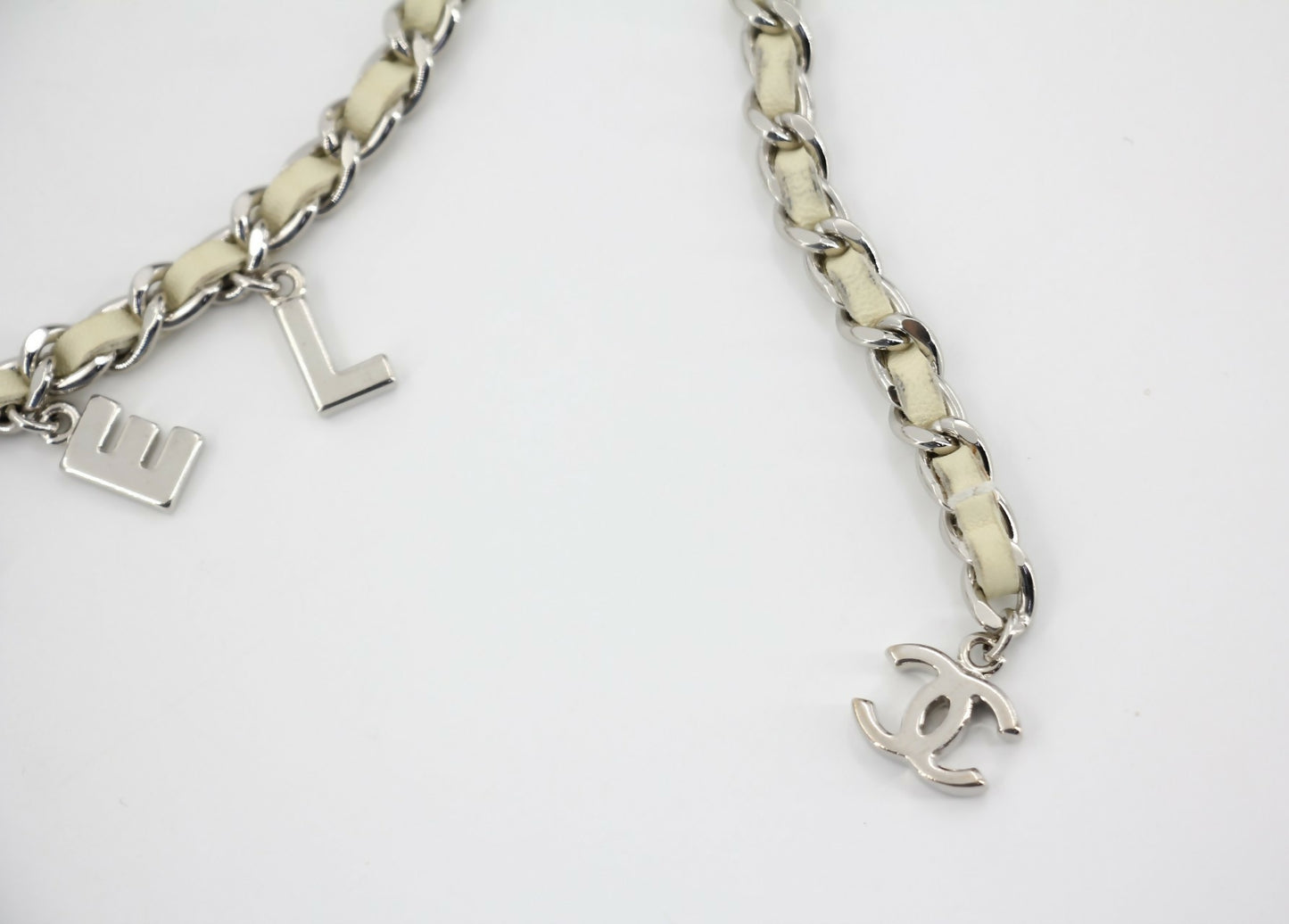 Chanel A12C Leather with Metal Beige White and Silver Waist Chain L95