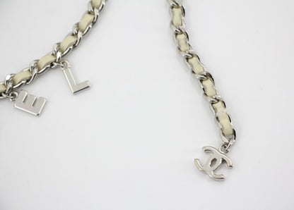 Chanel A12C Leather with Metal Beige White and Silver Waist Chain L95