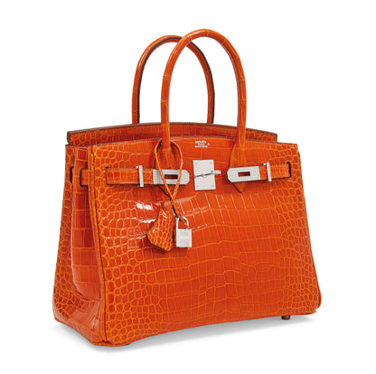 Hermes Birkin 30 Orange Shiny Porosus crocodile leather White gold Diamond hadaware
