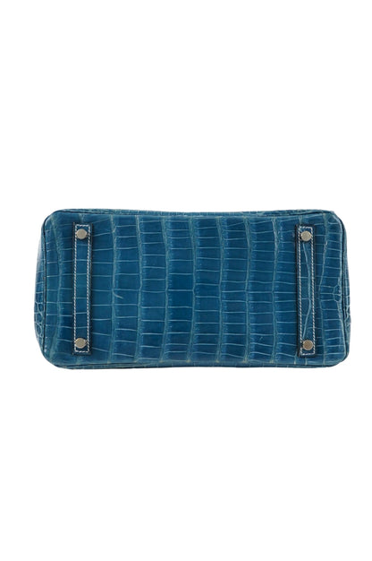 rare Hermes Birkin 30 blue denim crocodile leather palladium hardware