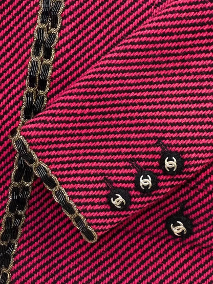 Chanel 20A burgundy black leather gold chain tweed jacket