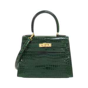 Rare Vintage Hermes Mini kelly 20 Green Emerald Shiny Crocodile leather gold hardware