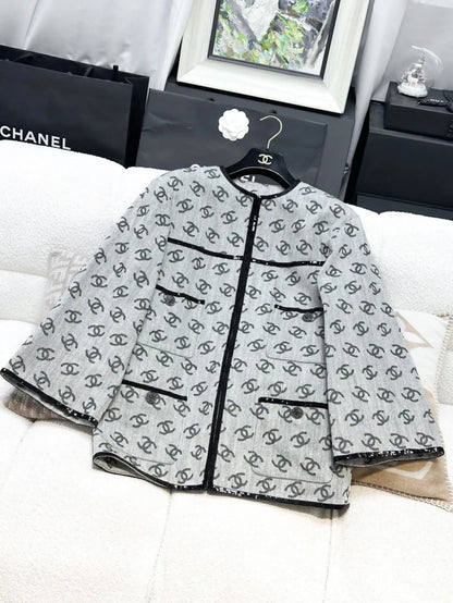 Chanel 2022 grey all-over double C print denim jacket with black sequin trim