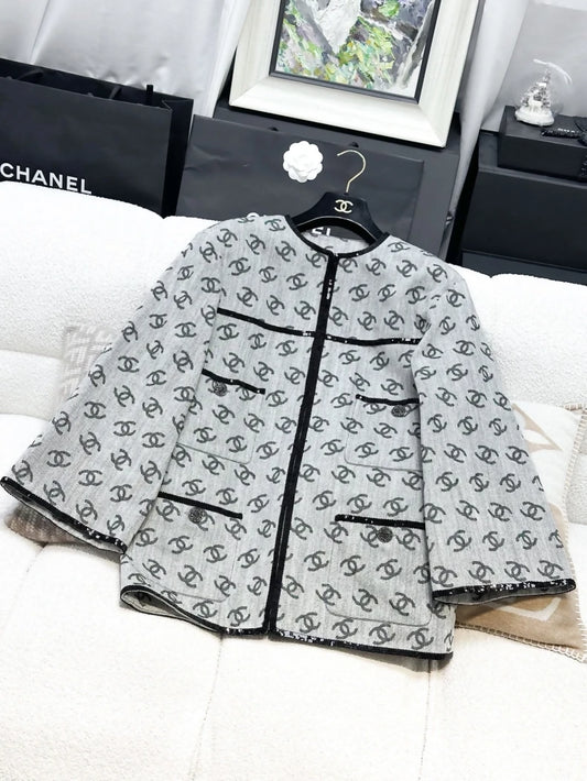 Chanel 2022 grey all-over double C print denim jacket with black sequin trim