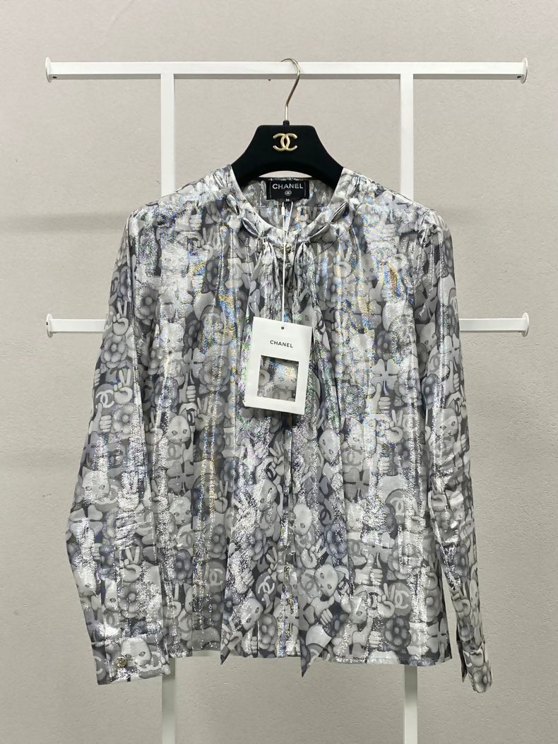 Chanel 16K silver ribbon cat-print shirt